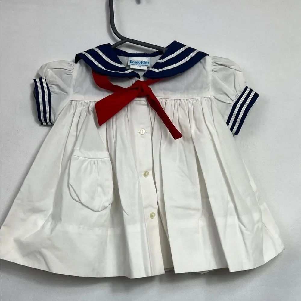 Roses kids Vintage White and Navy with red tie sailor dress size 3m